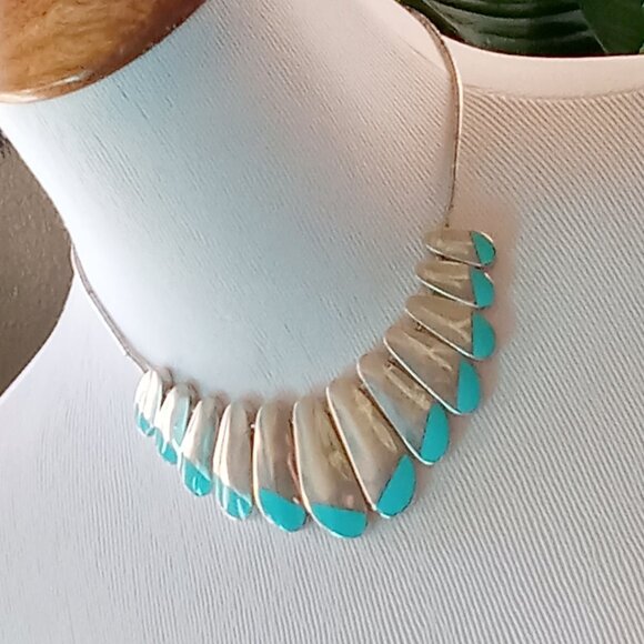 Vintage Sterling Silver Turquoise Enamel Necklace - Picture 5 of 10